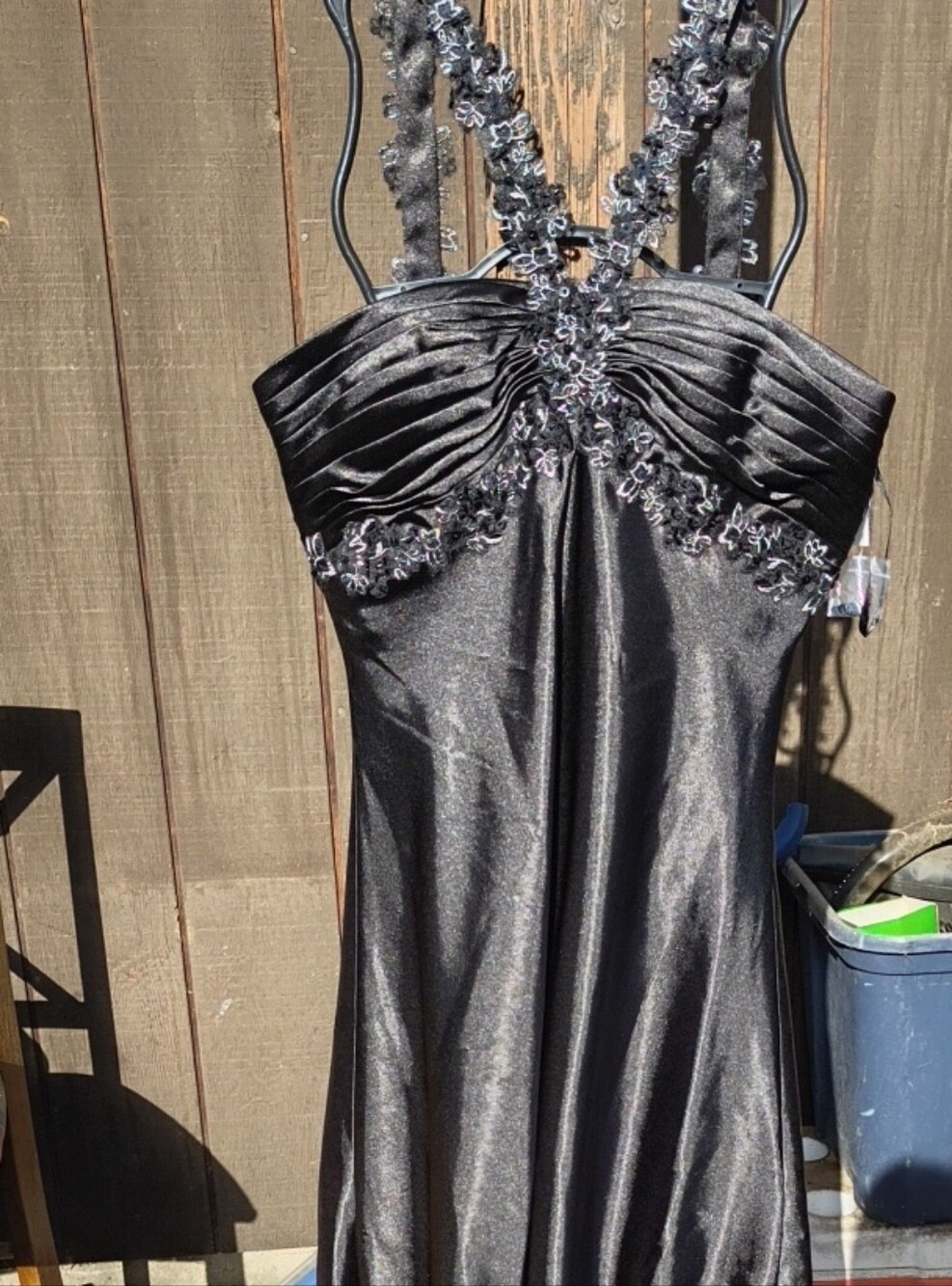 Black Embroidered Satin Mini Dress with Decorative Straps